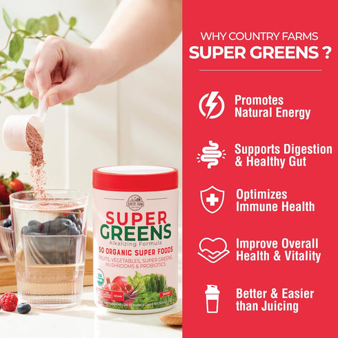 Country Farms Organic Super Greens Berry Flavor Drink Mix, 50 Organic Super Foods, 5g Fiber, USDA Organic