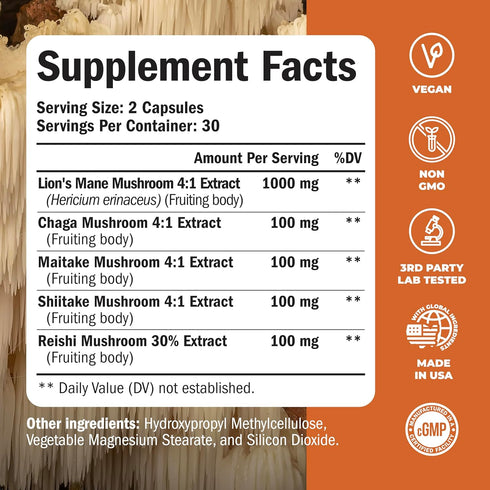 60 High Potency Lions Mane Supplement Capsules - Cognitive & Immune Support with Shiitake, Reishi, Maitake & Chaga