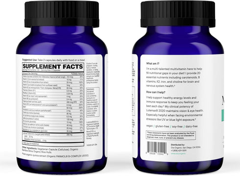 Ora Organic Plant Based Multivitamin for Women and Men, Bluelight Protection - Brain, Eye, Energy, Immune, Skin, Hair,