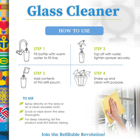 Natural Glass Cleaner Spray for Home, Office & Garage, Removes Dirt & Debris, Includes 1 Refillable Bottle & 2 Refills