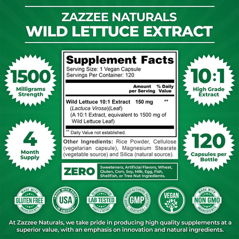 Zazzee Extra Strength Wild Lettuce 10:1 Extract, 1500 mg, 120 Vegan Capsules, Non-GMO