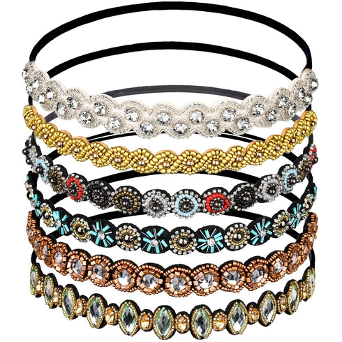 Teenitor 6pcs Rhinestone Beaded Headband, Multicolor Elastic Jewelry Hair Bands for Women & Girls