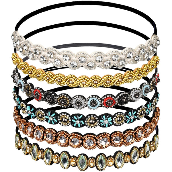 Teenitor 6pcs Rhinestone Beaded Headband, Multicolor Elastic Jewelry Hair Bands for Women & Girls