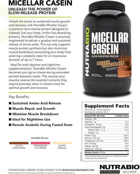NutraBio Micellar Casein Protein Powder, 2 lbs Alpine Vanilla, Slow Digesting for Muscle Growth