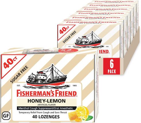 Fisherman's Friend Cough Drops, Sugar Free Honey-Lemon, Cough Suppressant and Sore Throat Lozenges, 240 Drops (6 Packs