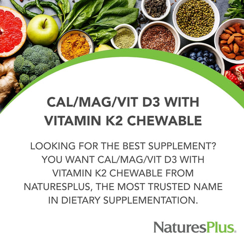 NaturesPlus Cal/Mag/VIT D3 with Vitamin K2, 60 Chewable Tablets, Chocolate Flavor