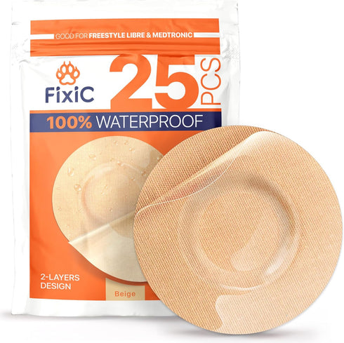 Fixic Freestyle Adhesive Patch 25 PCS for Libre 1, 2, 3 & Plus, Enlite, Guardian, Long Fixation, 2-Layers Tan