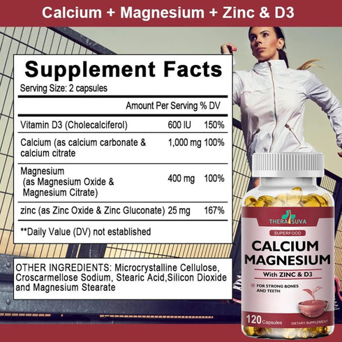 Extra Strength 4-in-1 Calcium + Magnesium + D3 + Zinc Supplement Complex for Bone and Immune Health. 120 SoftGels, 60 Day Supply