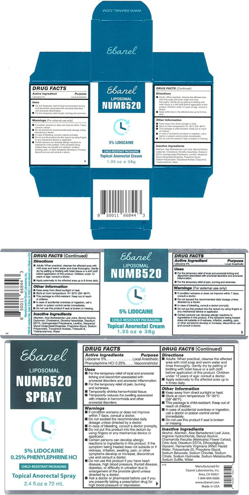 Set 5% 5% Ebanel of Lidocaine Numbing Cream and Lidocaine Spray Pain Relief Numbing Spray for Skin, Maximum Strength