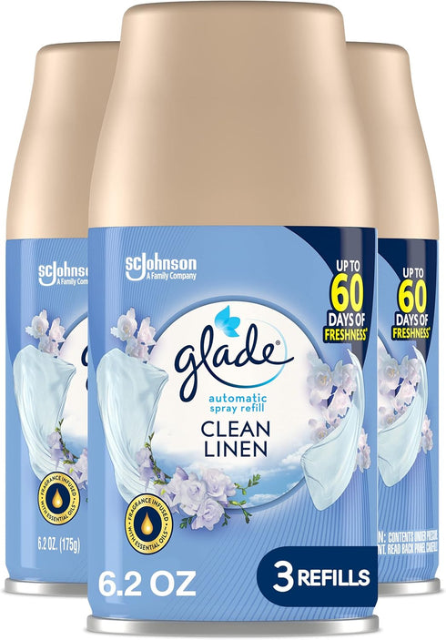 Glade Automatic Spray Air Freshener Refill, Scented Air Freshener for Home and Bathroom, Clean Linen, 6.2 Oz, 3 Count.