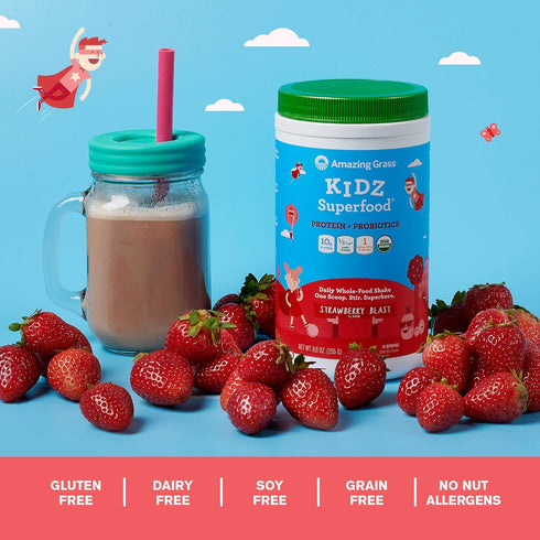 Amazing Grass Kidz Superfood | Vegan Protein & Probiotics for Kids | Strawberry Blast | 15 Servings with Beet Root