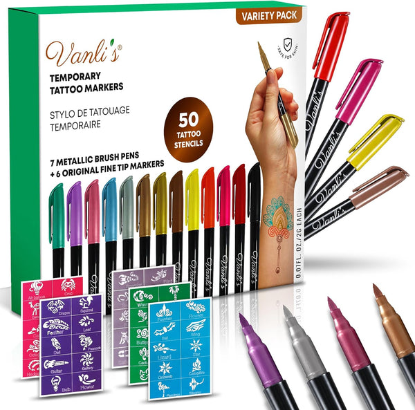 Vanli's Temporary Tattoo Markers - 13 Pens Variety, Skin Safe & Colored Ink, 50 Tattoo Stencil Papers for Body Art