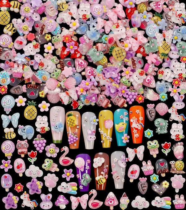 Pack of 250pcs Cute 3D Nail Charms for Acrylic Nails, Flower Bee Pineapple Bear Charms for Nail Art Decorations
