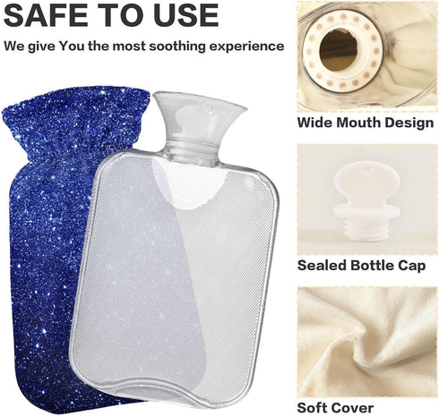 SyXIOP 2L Dark Blue Glitter Starry Travel hot Water Bottle with Soft Cover, Warmer Bag for Menstrual Cramps, Menstrual