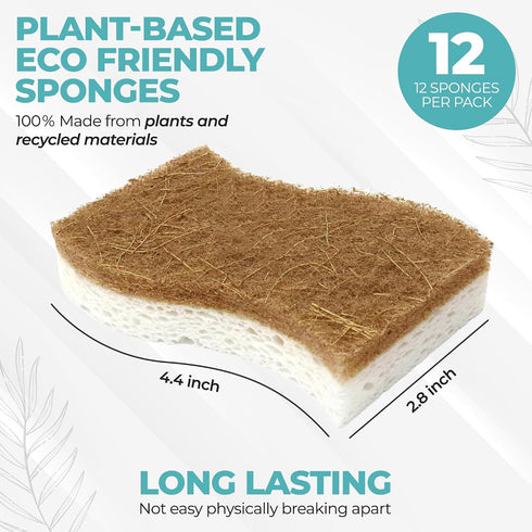 Pack 12 Plant Based Natural Sponge - of Cellulose Sponges, Safe on Non-Stick Cookware, Dual Sided Dish Sponge