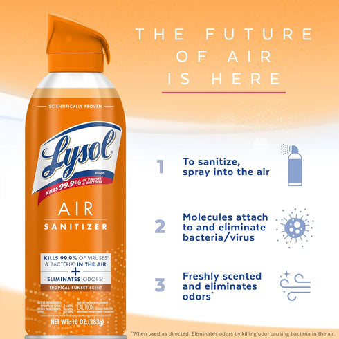Sunset 10 oz (Pack 3) Lysol Air Sanitizer Spray with Bacterial Odor Eliminator for Home & Office, Sanitizing Air Spray