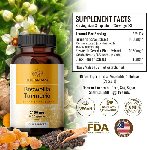 Boswellia Turmeric Capsules - Joint, Digestion & Brain Support Herbal Supplements w/Organic Herb Extract of Black Pepper | Vegan, Gluten Free, Non GMO | 100 Capsules - 2100 mg
