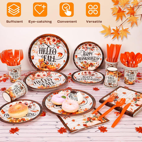 Set, Set HOWAF Thanksgiving Dinnerware Fall Maple Leaves Disposable Tableware Plates Napkin Tablecloth Knifes Forks