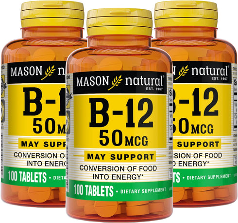 MASON NATURAL Vitamin B12, 50 mcg with Calcium, 100 Tablets (Pack of 3), Healthy Conversion of Food into Energy,