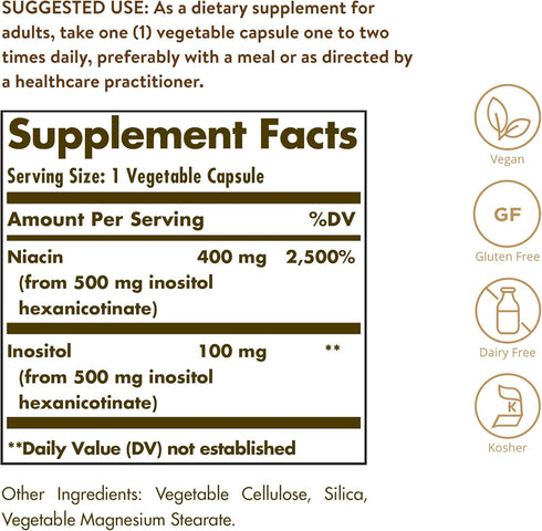 Solgar No-Flush Niacin 500 mg - 250 Vegetable Capsules - Cardiovascular Support - Vegan, Gluten Free