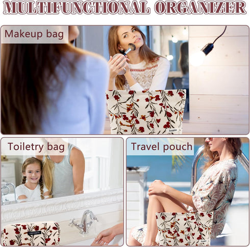 2Pcs Cute Floral Makeup Bag Set, Large Small Zipper Makeup Pouch for Women Girls, Aesthetic Portable Toiletry Bag (Red