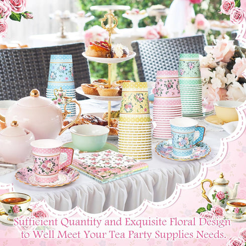 SUMMORO 180 9 OZ Set Pcs Floral Paper Tea Cups and Plates Disposable Paper TeaCups and Saucers with Tea Party Napkins