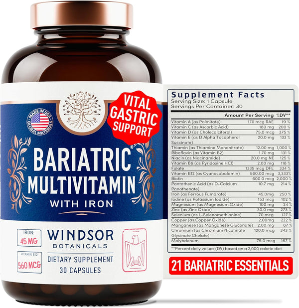 Bariatric Multivitamin with Iron - 45mg Iron Easy to Swallow Vitamins for Women and Men - 30 Caps