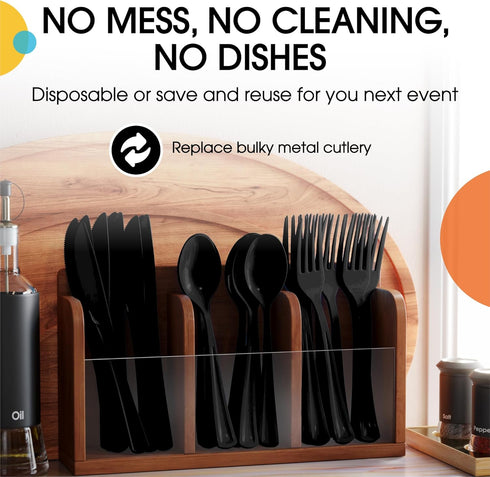 150 Pack Black Plastic Cutlery Set - Heavy Duty Disposable Silverware, 50 Forks, Spoons & Knives for Parties
