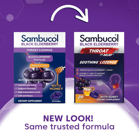Sambucol Black Elderberry Throat Lozenge with Honey, Vitamin C & Zinc, 20 Count, 2-Pack, Soothes Sore Throat