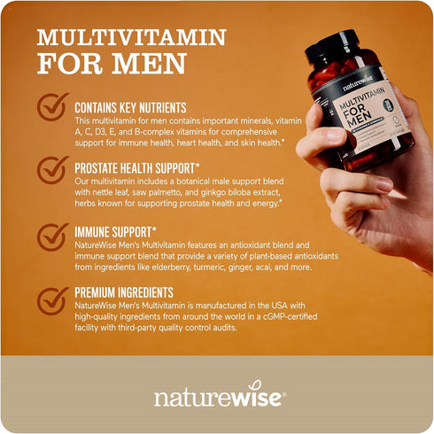 NatureWise Multivitamin for Men - Daily Supplement for Energy, Performance, Immunity - 60 Capsules, Gluten-Free