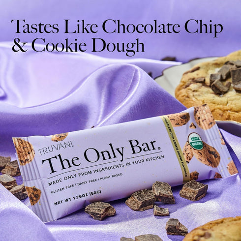 Truvani Plant Based Snack Bar - Chocolate Chip Cookie Dough 12 Pack, 5g Protein, USDA Organic and Vegan, Dairy, Soy,