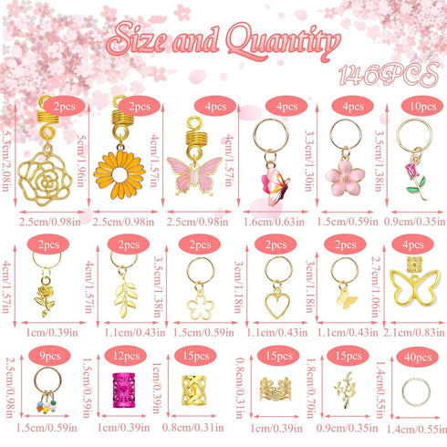 NAISKA 146PCS Gold Hair Jewelry for Braid, Handmade Butterfly Flower Charm Locs Dreadlock Accessories for Women
