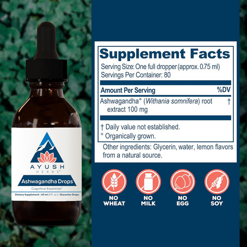 Ayush Herbs Ashwagandha Alcohol-Free Drops for Adults, Calming Daily Supplement, 2 Fl Oz