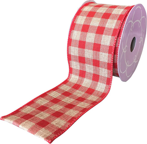 Red Gingham Wired Ribbon 2 1/2" x 10 Yards, Rustic Wedding Decoration, Gift Basket, Fall Decor