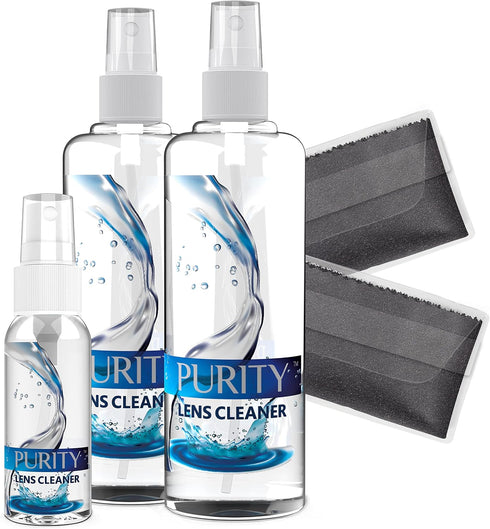 Purity Eyeglass Lens Cleaner Kit - 2 x 8oz and 1 x 2oz Spray Bottle + 2 Microfiber Cloths for All Lenses