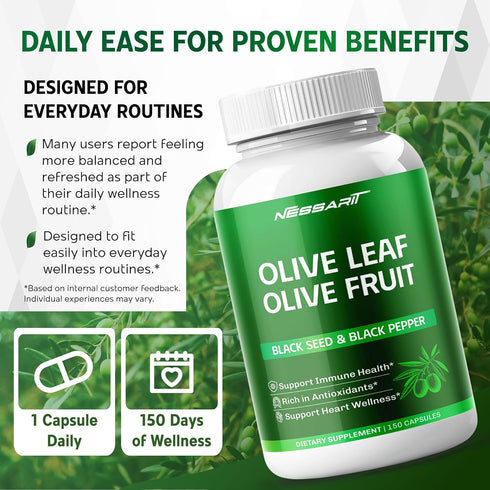NESSARIT 9,100mg 60% 60% 150 Olive Leaf & Olive Fruit with Oleuropein & Hydroxytyrosol Plus Black Seed Oil & Black