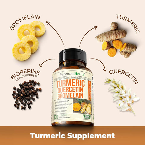 Quercetin with Bromelain & Turmeric Curcumin - 120 Caps Bromelain Supplement with Black Pepper for Immune & Joint