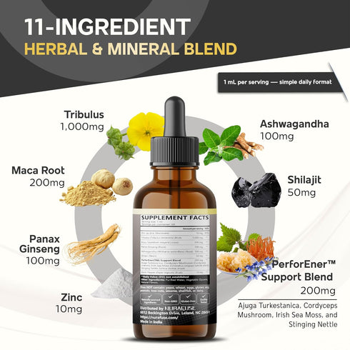 NURAFUSE 1670mg 2 OZ (60ml) Organic Tribulus, Maca Root, Panax Ginseng, Ashwagandha Liquid Drops per Serving, Ultra