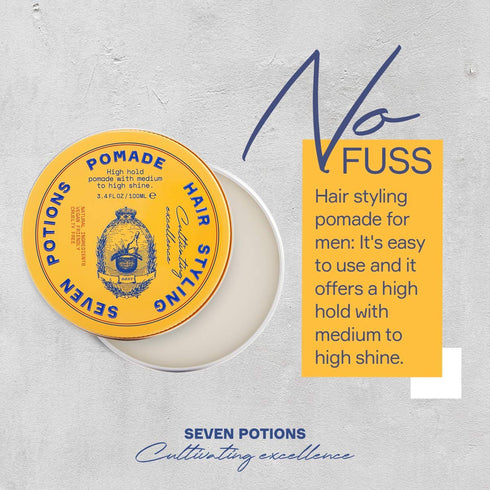 SEVEN POTIONS Hair Styling Pomade For Men 3.4 fl oz - High Shine, High Hold, Water Based, Natural, Vegan