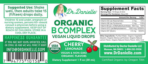 Organic Vitamin B Complex Liquid Drops, 1oz - B Vitamins Supplement with B3, B6, B7, B9 & Methyl B12 for Adults & Kids,