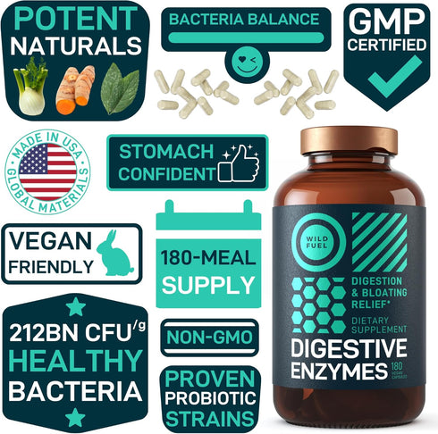 Digestive Enzymes with Probiotics and Prebiotics - Vegan Supplement for Gut Health & Digestion Support - 180 Caps