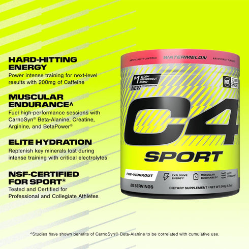 Cellucor C4 Sport Pre Workout Powder, Watermelon Flavor, 20 Servings, 200mg Caffeine + Creatine