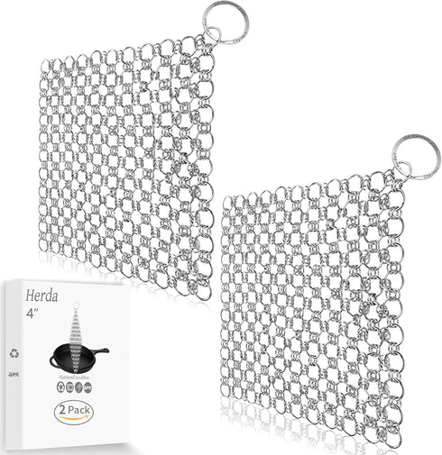 2Pack Cast Iron Scrubber - Stainless Steel Chain Mail Scrubber for Dutch Oven, Carbon Steel Wok, Grill Pan Cleaning Tool