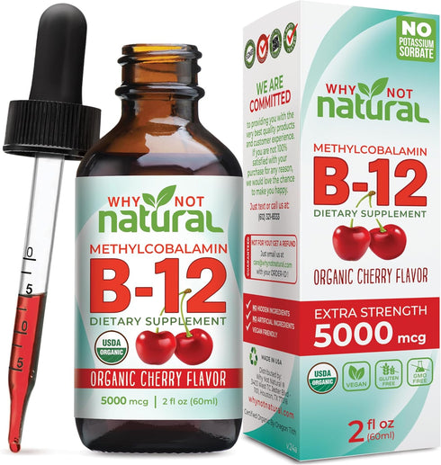 Why Not Natural Organic Vitamin B12 Liquid, Sublingual Extra Strength, 60 x 5000 mcg Drops