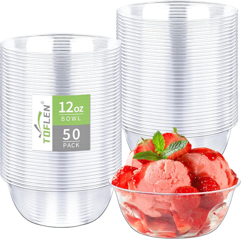 TOFLEN 12 oz Clear Plastic Bowls, Disposable 50 Pack, Premium Hard Plastic Party Serving Bowls for Desserts, Snacks