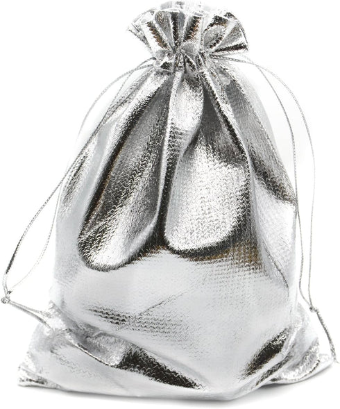 Pack of 100 Heavy Duty Silver Drawstring Organza Jewelry Pouches - 5"x 7" for Wedding Party Favor Bags