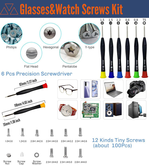 Eyeglass Repair Kit with 220PCS Nose Pads, 6PCS Precision Screwdrivers, Screws & Tweezers for Glasses Repair