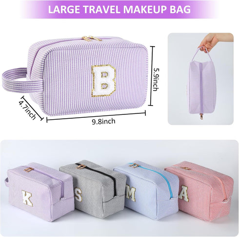 Personalized Initial Makeup Bag A-Z, Monogram Travel Toiletry Bag, Cute Cosmetic Pouch for Women Teen Girls (Purple, V)