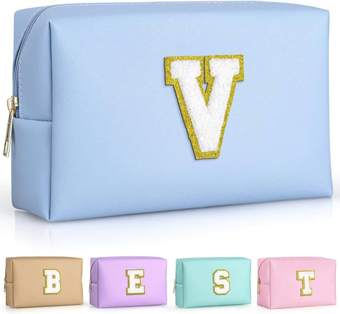 Initial Makeup Bags for Women, Personalized Portable Cosmetic Bag, PU Leather Waterproof Toiletry Bag, Cute Travel Pouch