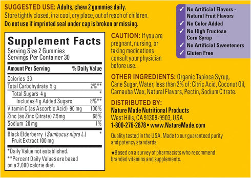 Nature Made Elderberry with Vitamin C and Zinc, 60 Elderberry Gummies, Dietary Supplement for Immune Support